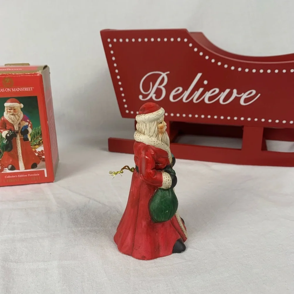 Vintage Charming Santa Claus Bell Figurine w/ Red Coat Green Bag In Original Box